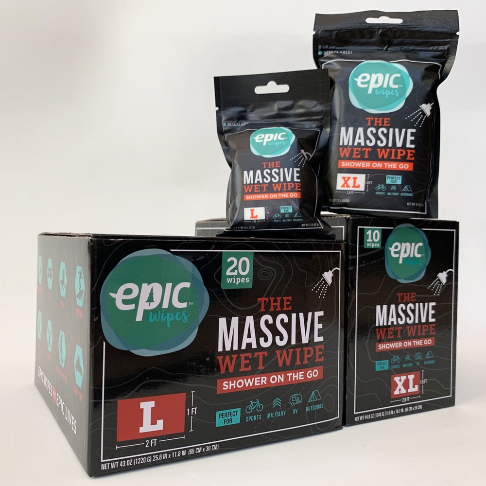 Epic Wipes, 20-pack large wet wipes, biodegradable residue-free shower substitute, big on-the-go bamboo body wipes