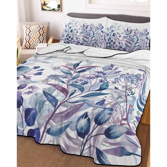 Blue Purple Leaves King Size Down Alternative Comforter, Lightweight Comforter Quilt Bedding Set with Pillow Shams Summer Botanical Eucalyptus Leaves All Seasons Bed Comforter Duvet Insert 96"x106"
