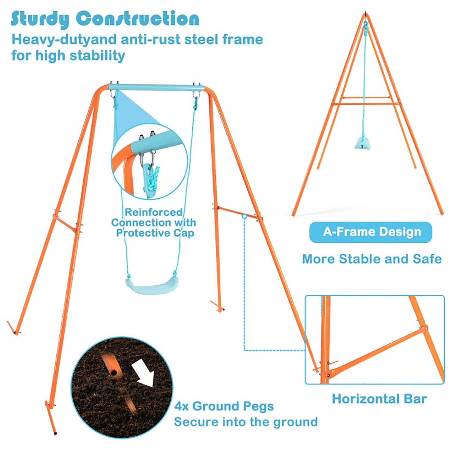 CIPACHO Outdoor Kids Swing Set with Heavy-Duty Metal A-Frame and Ground Stakes, Orange
