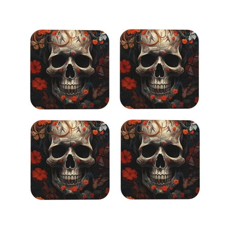 

Junzan Vintage Butterfly Flower Skull Print Coasters for Drinks - Leather Coasters Set of 4 for Coffee Table for Housewarming/Kitchen/Bar/Decor-Square