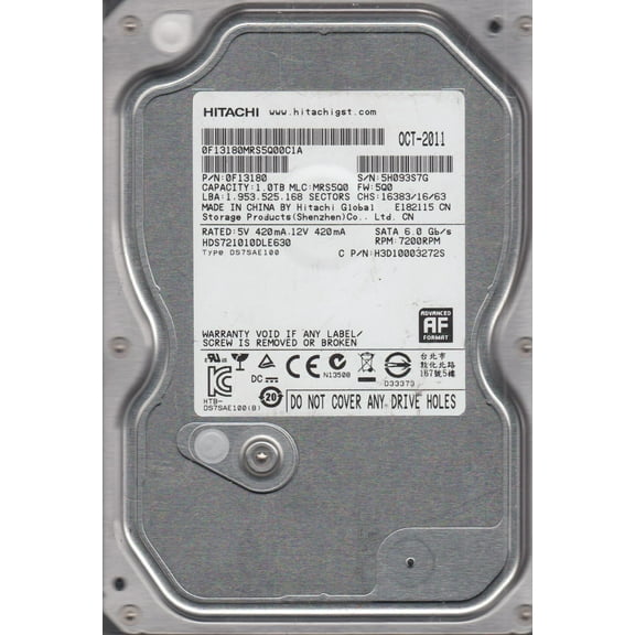 HDS721010DLE630, PN 0F13180, MLC MRS5Q0, Hitachi 1TB SATA 3.5 Hard Drive