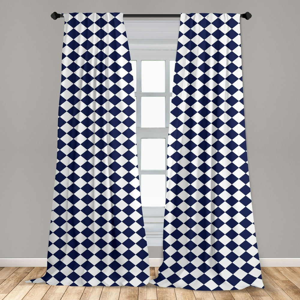 Blue Curtains 2 Panels Set, Classical Old Fashioned Checkered Pattern