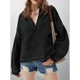 thumbnail image 3 of Womens Denim Tops Pullover Trendy Casual V Neck Loose Fit Puff Sleeve Jean Cotton Shirts, 3 of 5