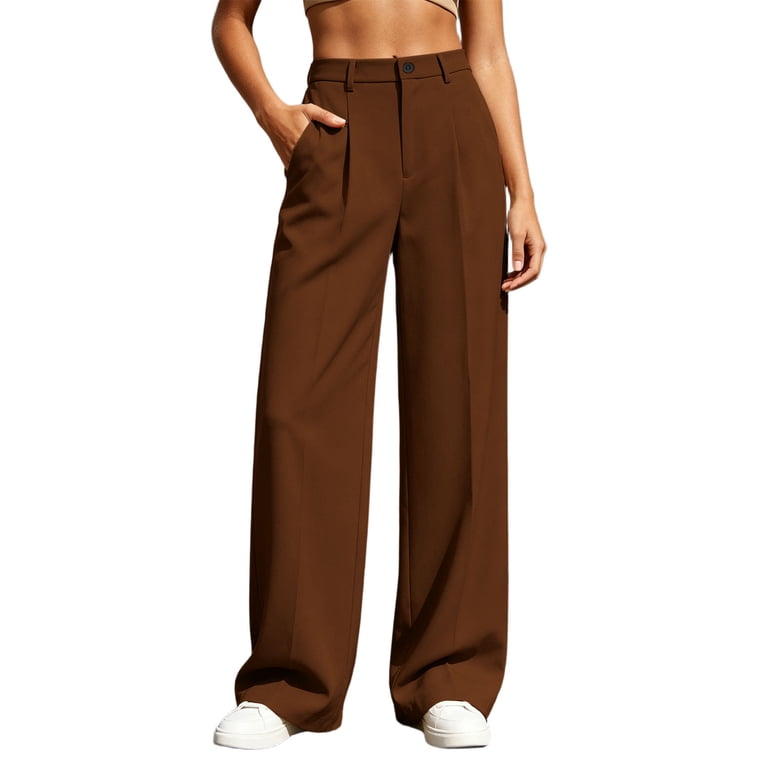 Horkkom Dress Pants Women Button Zip Elastic Waist Wide Leg Pants