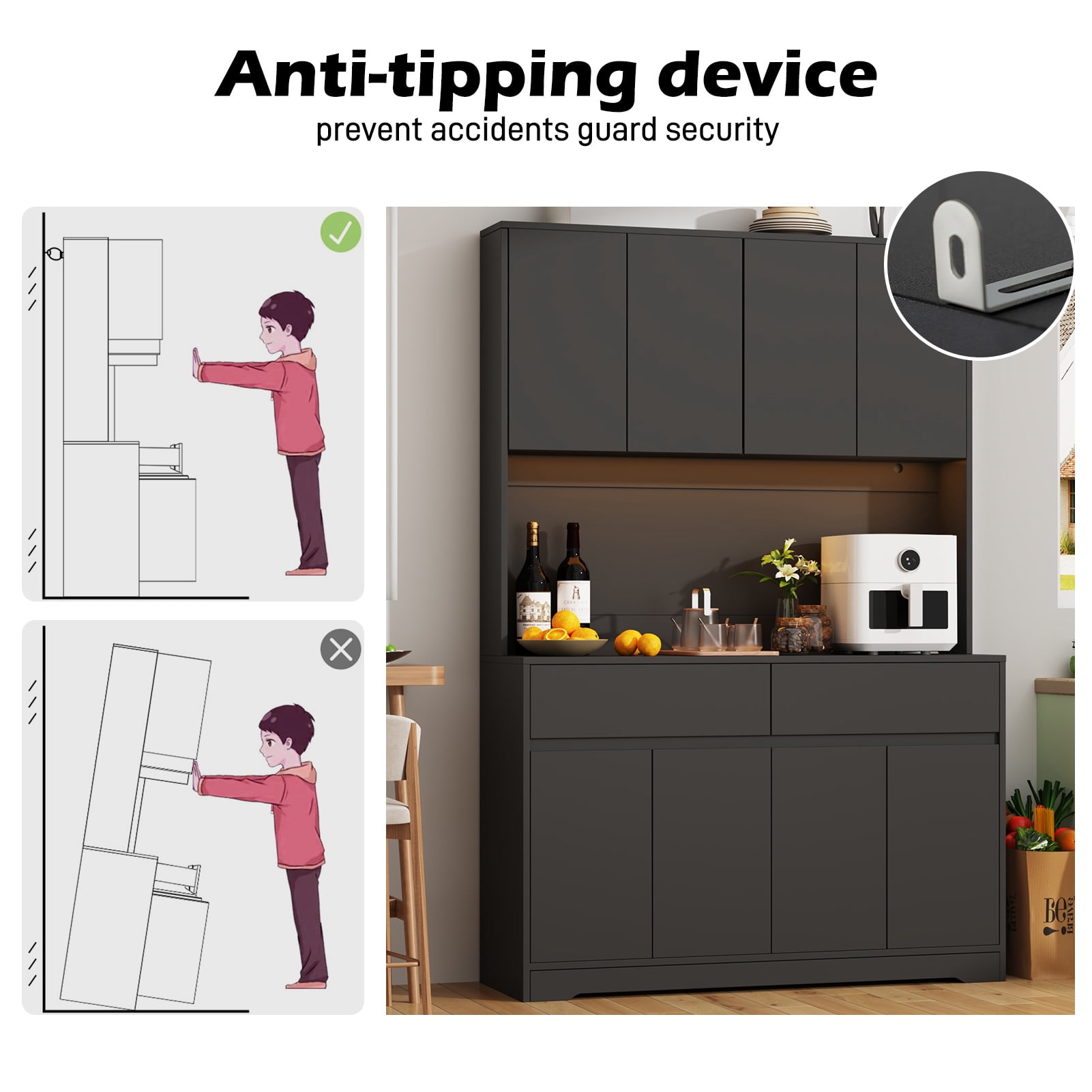 71" Tall Kitchen Pantry with LED Light & Charging Station, 8 Door Kitchen Cupboard with Large Storage and Microwave Stand, Freestanding Hutch Cabinet for Dining Living Room