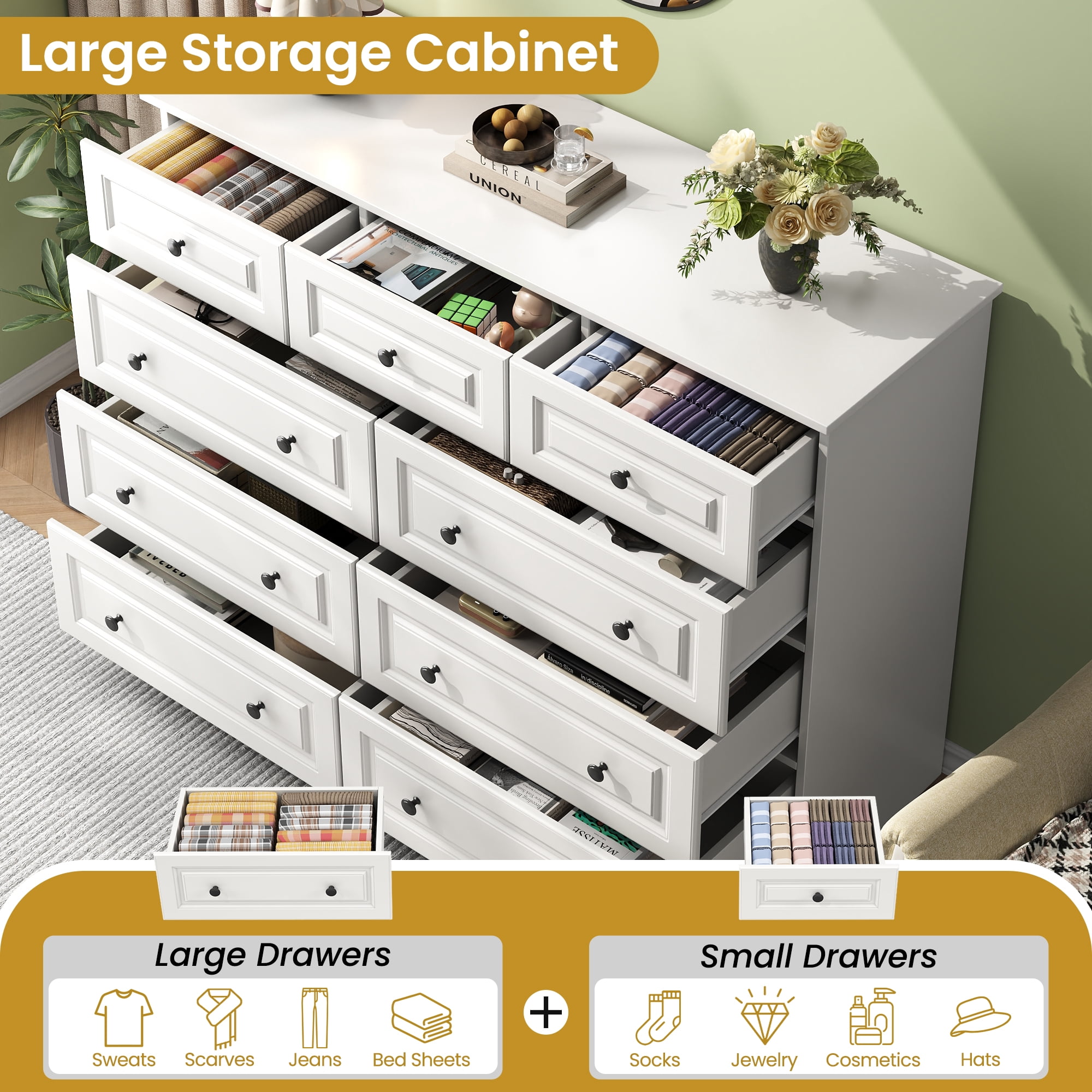 IDEALSOUL White Dresser for Bedroom, 9 Drawer Dresser with Large
