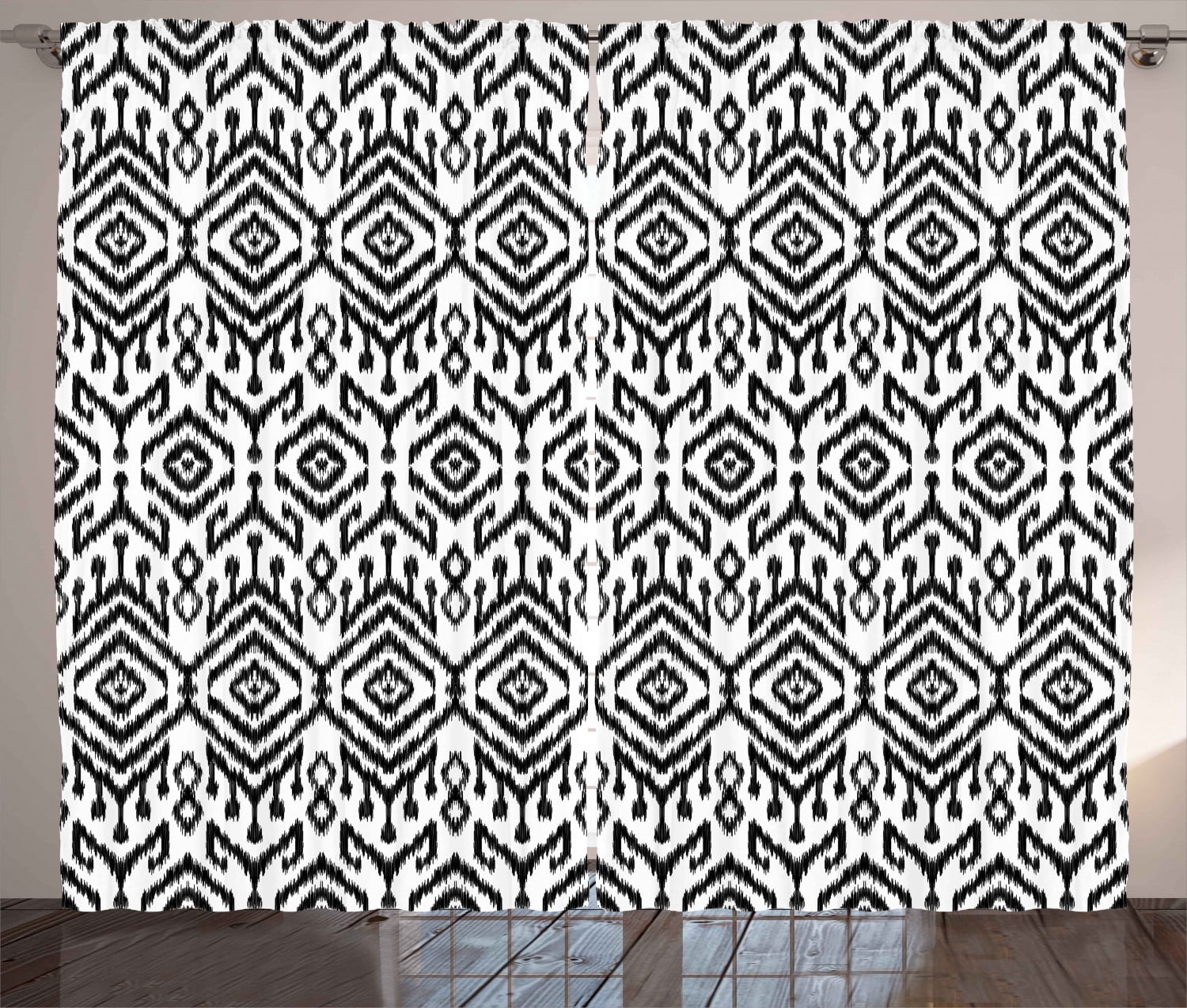 Black And White Curtains 2 Panels Set Monochrome Ikat Pattern