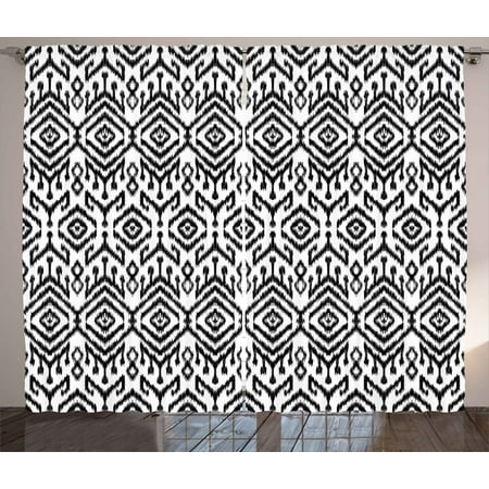 Black And White Curtains 2 Panels Set Monochrome Ikat Pattern