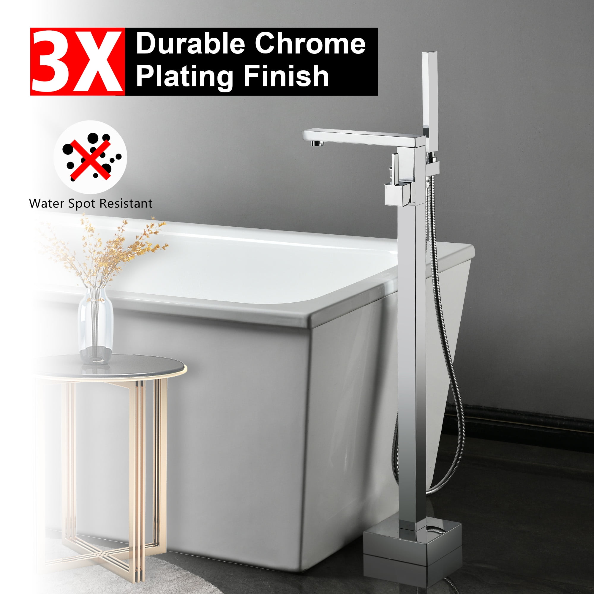 SUMERAIN Bathroom Freestanding Tub Faucet, Modern Floor Mount Tub Filler with Hand Shower High Flow, Chrome