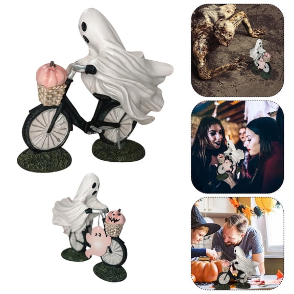 Halloween Ghost on Bike Statue - Cute Resin Ghost Riding Bicycle with Pumpkin Decor, Spooky Indoor/Outdoor Tabletop Figurine for Home, Porch & Halloween 2025 Decorations