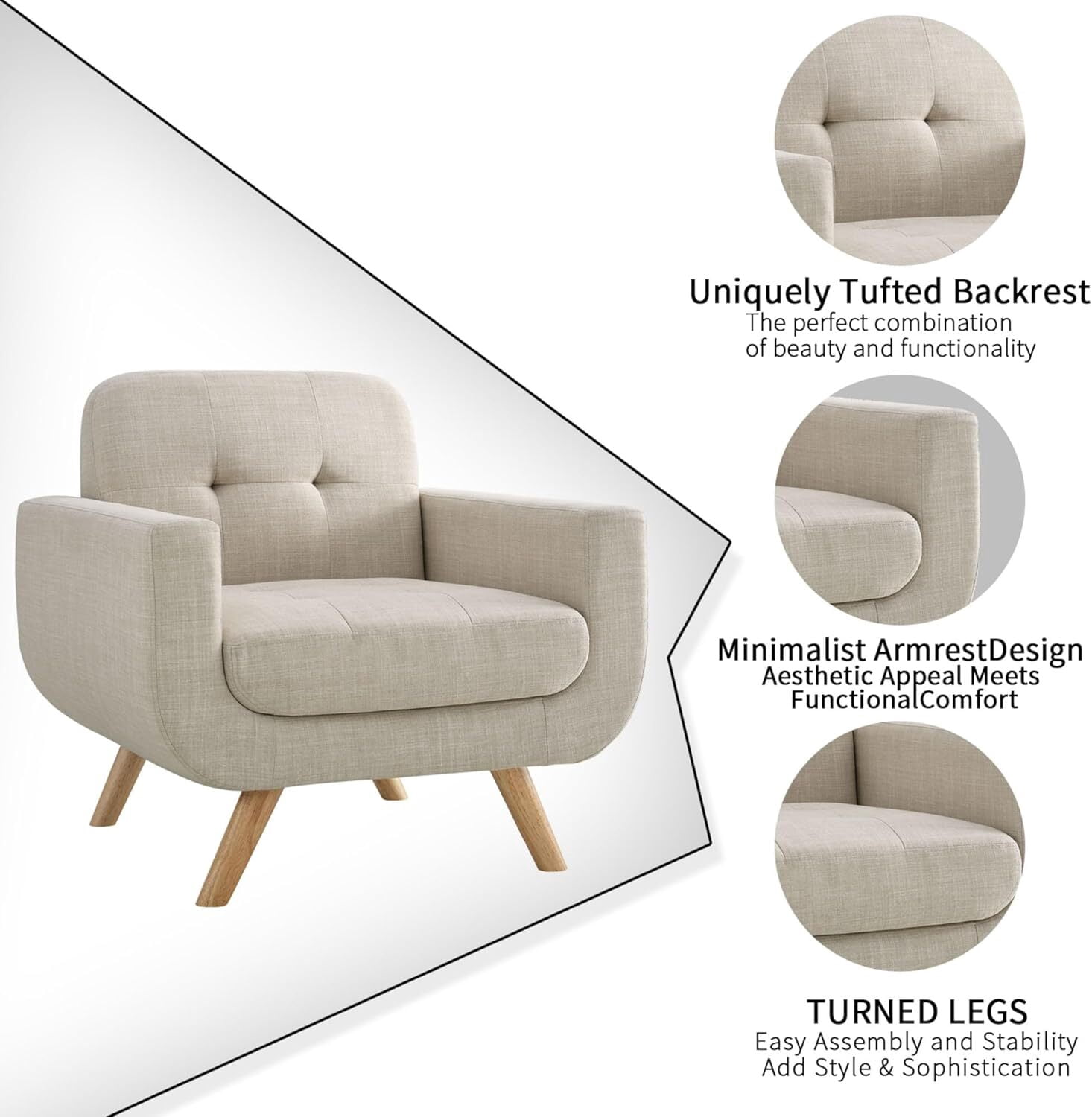 Modern Accent Chair with Linen Fabric, Soft Ergonomic Upholstered Armchair Comfy Single Sofa Lounge Chair for Living Room, Apartment, Office,Beige