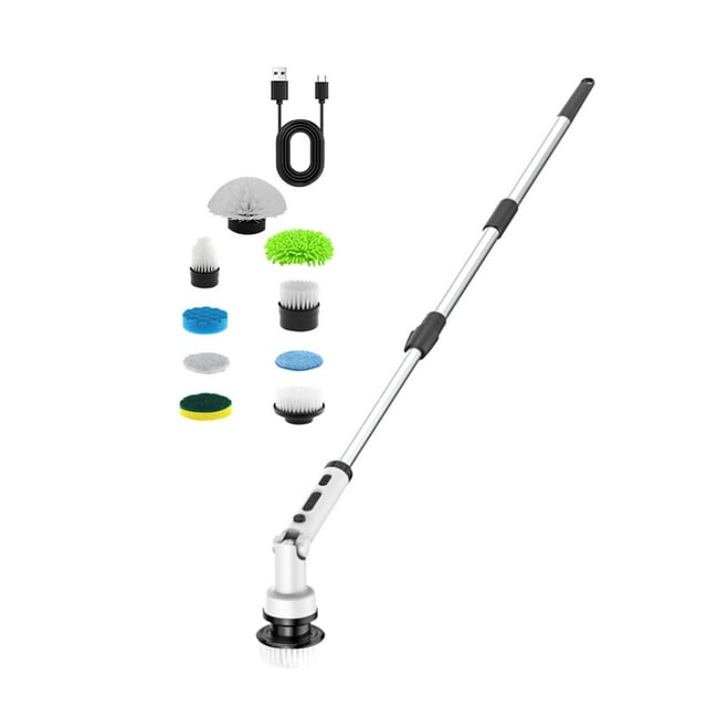 Cepillo de limpieza eléctrico extensible con mango largo y ángulo ajustable para baño, hogar, pared, suelo, coche y baño. Blanco