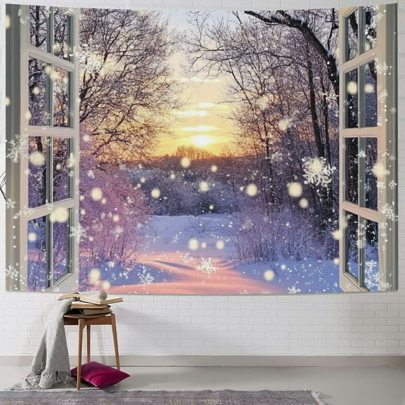 Fenyluxe Winter Tapestry Pink Romantic Snow Scene Outside Window Tapestries Christmas Nature Scenery Blanket Wall Hanging for Bedroom Living Room Dorm Holiday Party Wall Decor 40x30inch