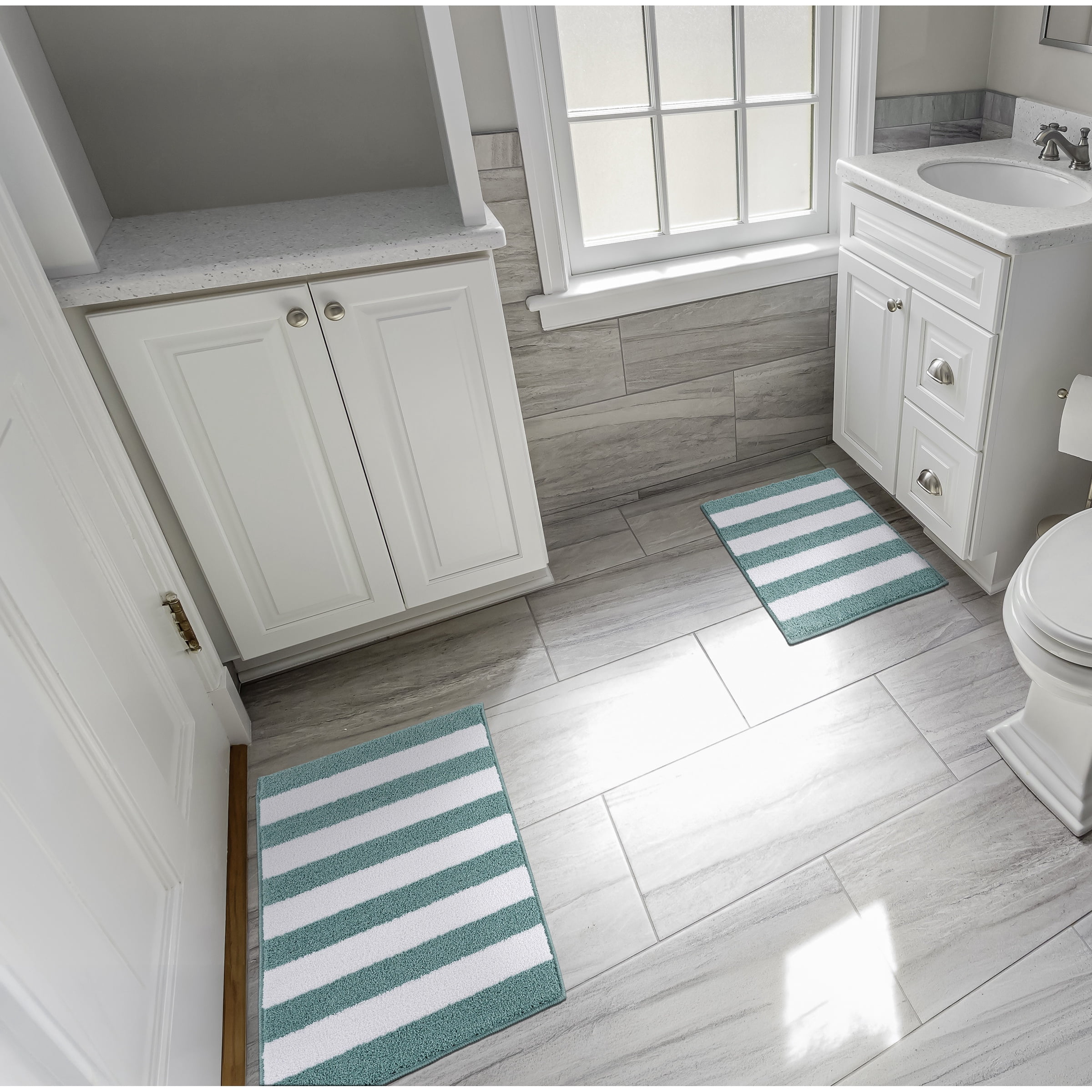 Garland Rug Beach Stripe Washable Bath Rug Set, 2 Piece Set (17"x24" Bath Rug, & 21"x34" Bath Rug) Sea Foam/White
