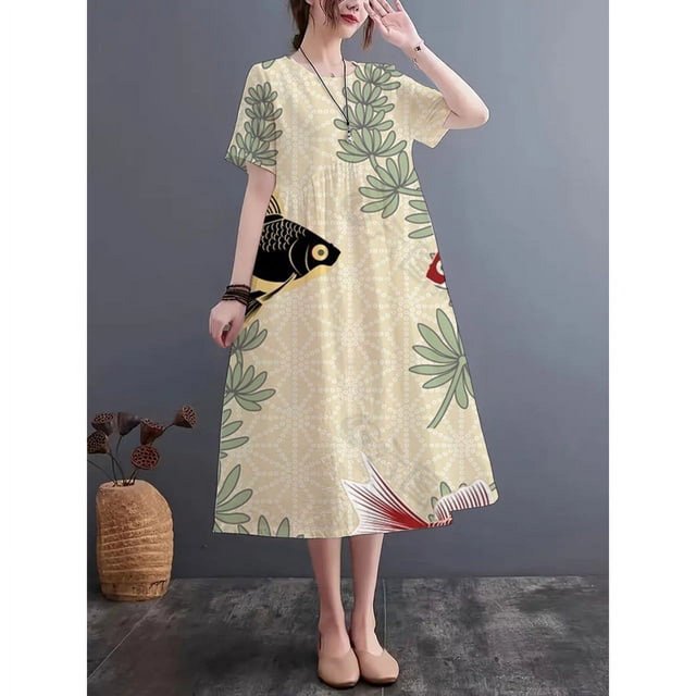 JUNWELL 2024 Été Nouveau Style Bohème Col Rond Manches Courtes Robe en Tissu de Lin Imitation Robe Légère Respirante en Vrac Confortable