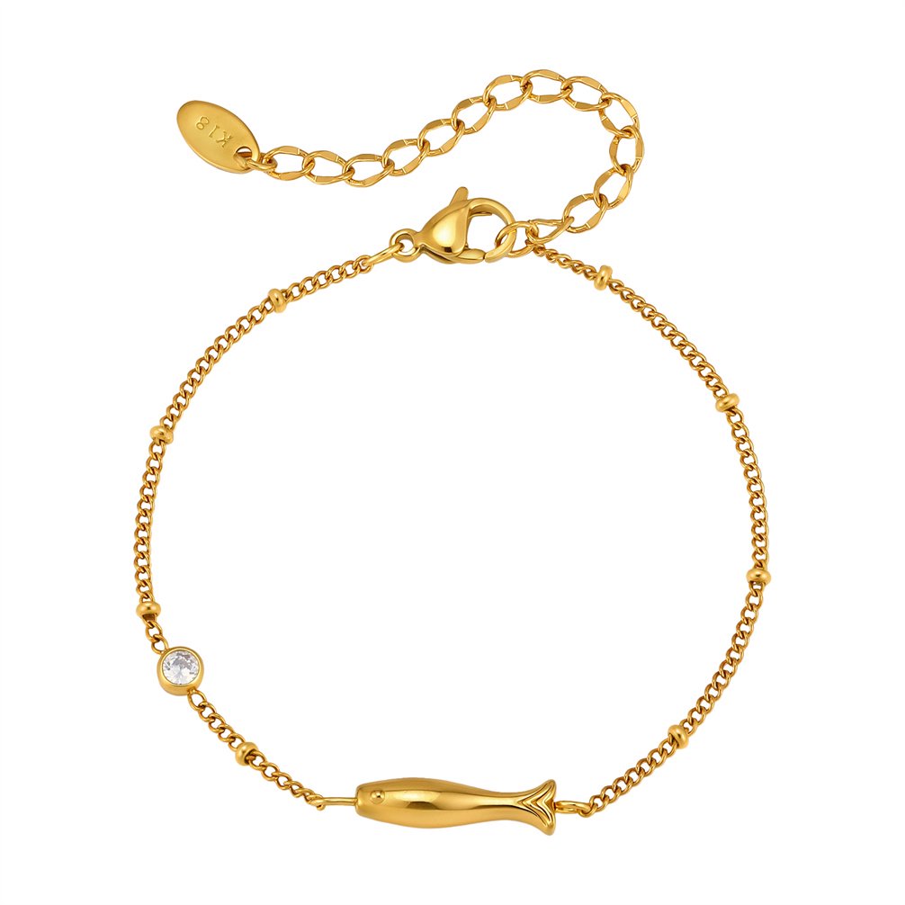 HIRPLIS Fish Bracelet for Women Dainty Charm Stainless Steel Cubic Zirconia Cuban Chain Adjustable Wrist Simple Elegant Boho Ocean Personalized Gift Jewelry Gold Plated