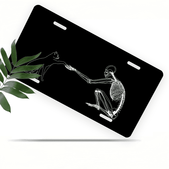 1 Pcs Durable License Plate Covers & Frames, Skeleton Cat For Decorative Front, Waterproof For Decoration Aluminum License Plate Covers & Frames Cover For Men Women, 12" X 6"
