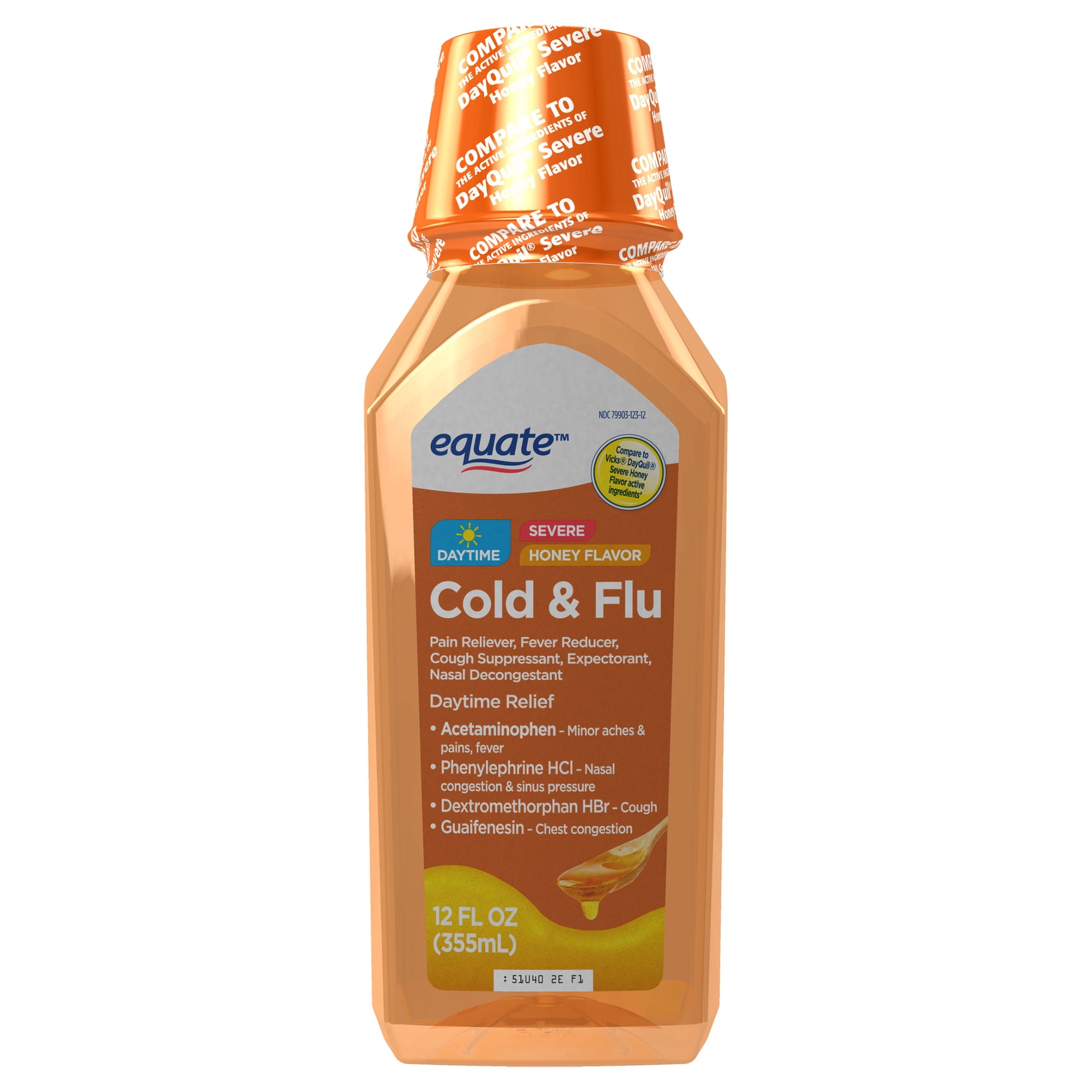 Equate Daytime Severe Cold & Flu Relief, Honey Flavor, Non-Drowsy, 12 fl oz