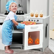 JOYLDIAS Kids Play Kitchen Corner Wooden Pretend Toddler Toys Playset Gift with Realistic Lights & Sounds, Microwave Oven, Water Dispenser, Phone, Sink, Cooking Accessories(Gray)