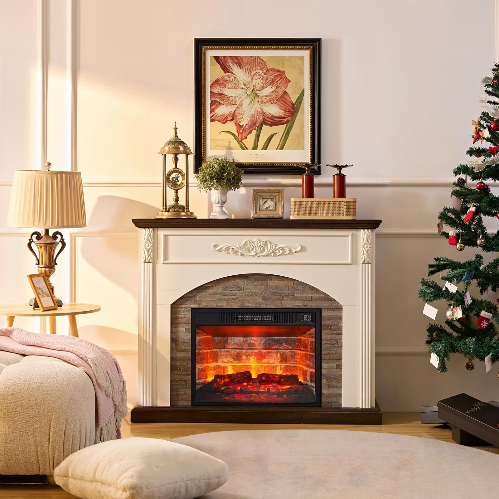 BOSHIRO 44" White Electric Fireplace Mantel with 23" Brick Insert, LED Flame & Heater, Corner TV Stand for Living Room or Bedroom