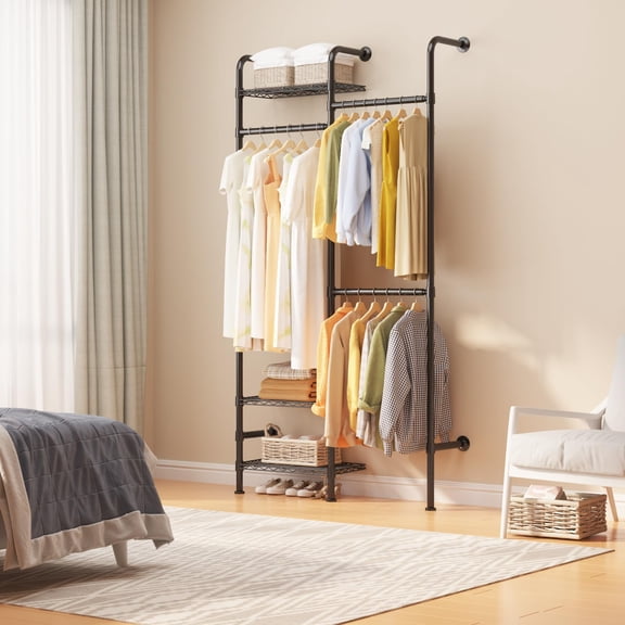 Wall Mounted Closet Organizer System Carbon Steel Clothes Rack with 3 Wire Shelves and Expandable Hanging Rods for Commercial Storage Matte Black