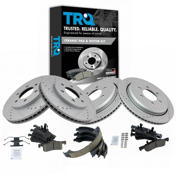 TRQ Front and Rear Performance Brake Pad & Rotor Kit Brake Pads Brake Rotors Set Parking Brake Shoe Set Ceramic Premium G-Coated Fits Select 2003-2006 Ford Expedition Lincoln Navigator