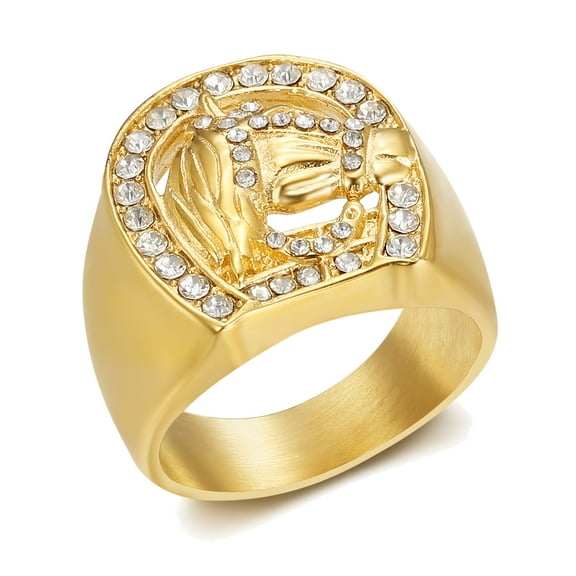 18K Gold Plated Lucky Horse Punk Rock Stainless Steel Ring for Men, Horseshoe Party Jewelry Gift