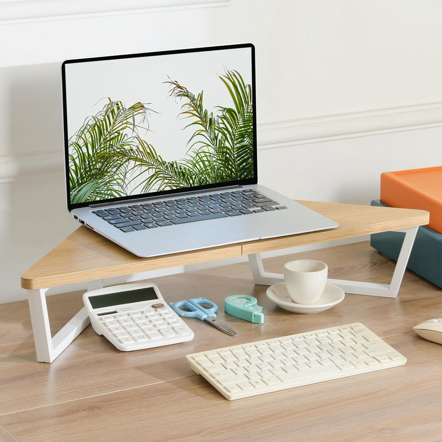 26 inch Triangle Monitor Stand Riser, Desktop Corner Stand with Metal Leg Wood Computer Stand with Storage Laptop Riser Office Organization (Maple)