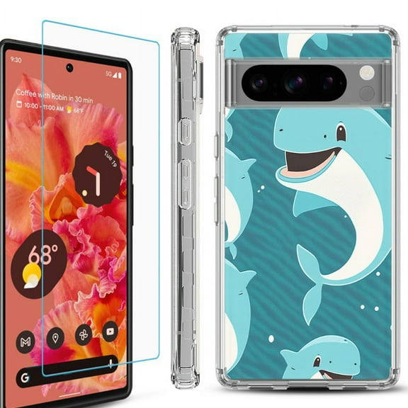 OneToughShield ® Compatible with Google Pixel 8 Pro, Shockproof Phone Case, with Tempered Glass Screen Protector - Smiling Dolphin