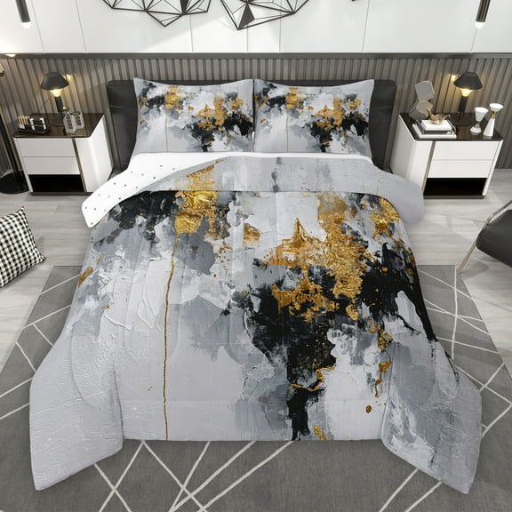 Manfei Adult Chic Watercolor Bedding Comforter Set, Gold Oil Printing Artwork Twin Comforter Sets, Modern Fashion Abstract Reversible Bedding Set, Breathable Home Decor, 2-Piece