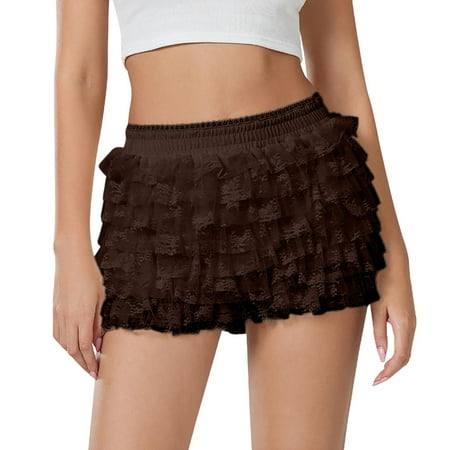 Womens Athletic Shorts Lolita Cute Ruffle Shorts Lace Pumpkin Boyshorts Layered Bottoms Women Shorts Brown L