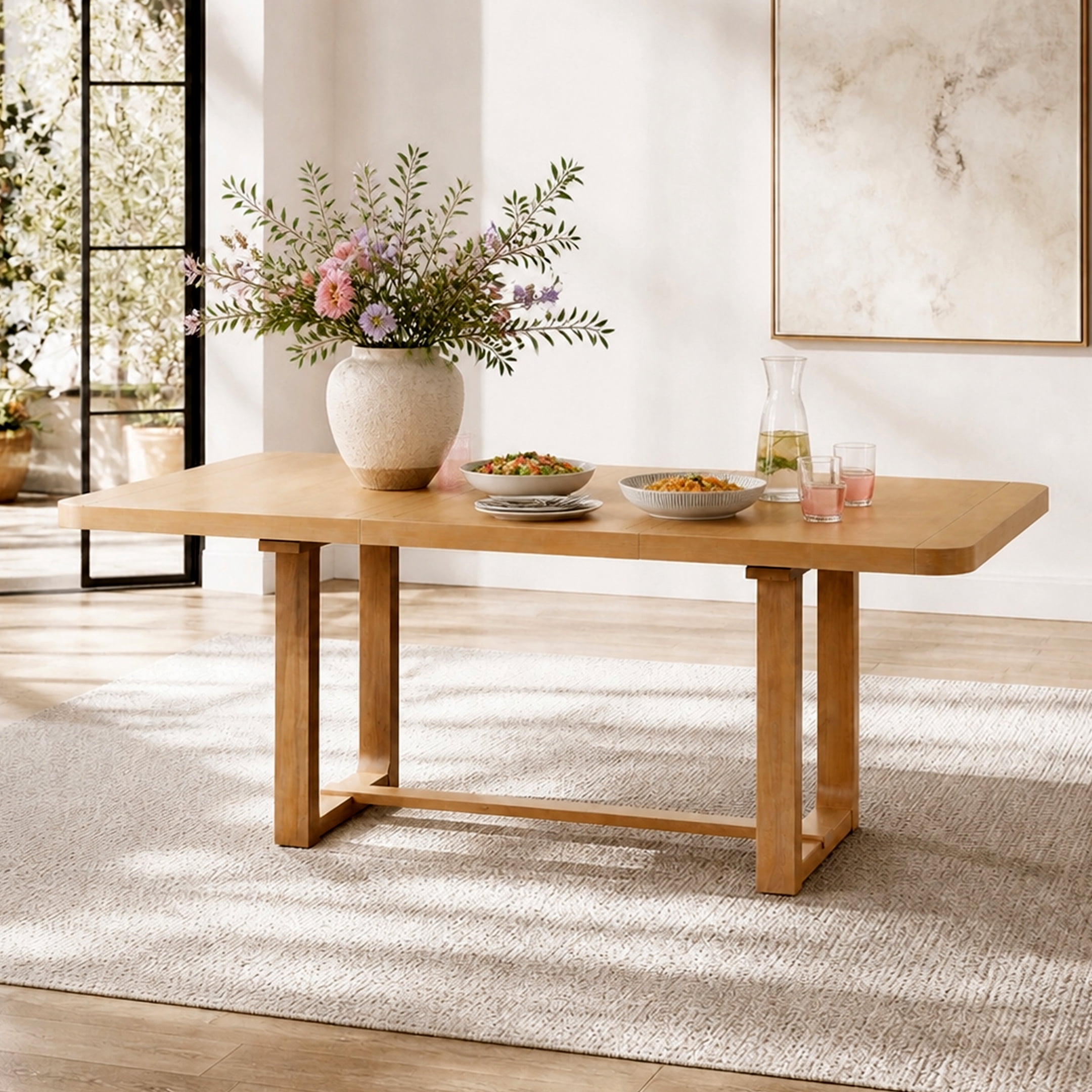 Mintazer 6-Piece Extendable Dining Table Set with 4 Upholstered Chairs & Bench, Rectangular Expandable Kitchen Table with Anti-Scratch Foot Pads, Natural