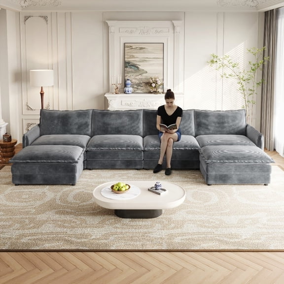 Corduroy 4-Seater U-Shaped Oversized Deep Seat Couch for Living Room with Movable Footrest
