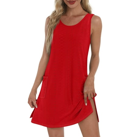 UoCefik Womens Swimsuit Coverup Hollow Out Bathing Suit Cover Up Sleeveless Bikini Beach Cover Up Tank Dress Red XXL