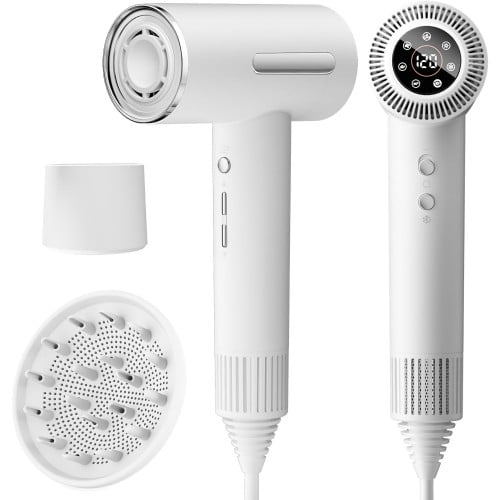 Intexca Séchoir à Cheveux Haute Vitesse - Séchoir 1400 W avec 110 000 Tr/min, Écran LED, 3 Vitesses d'Air et Diffuseur - Séchage Rapide pour la Maison et les Voyages