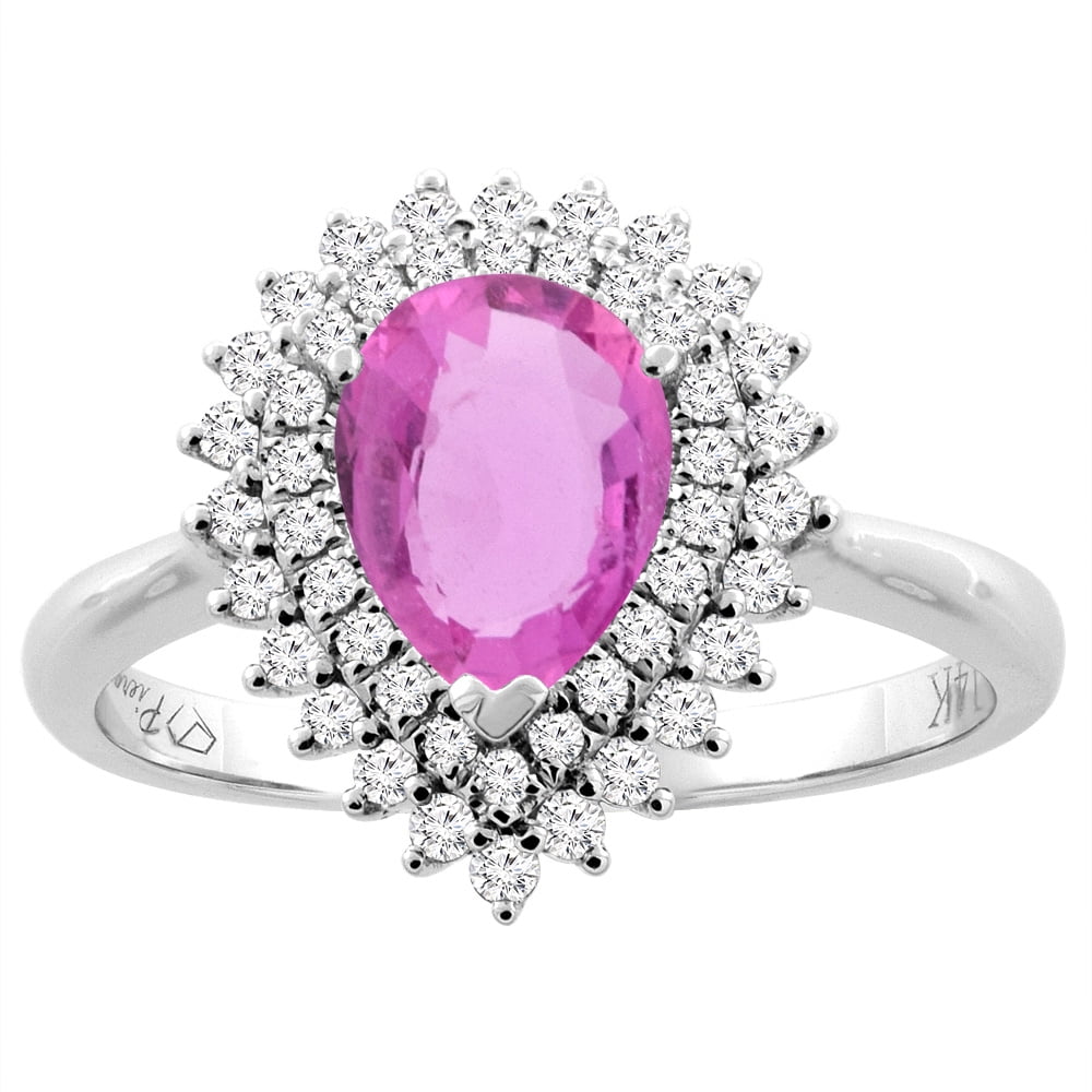 14K White Gold Natural Pink Sapphire Ring Pear Shape 8x6 mm Diamond Accents, size 5 by Gabriella Gold