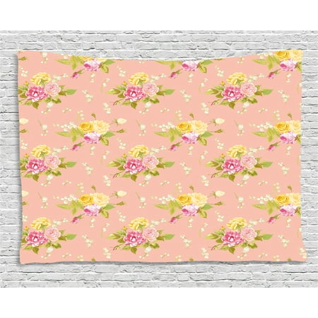 Shabby Chic Wedding - Shabby Chic Decor Tapestry, Colorful Vintage Roses Corsage Diagonal Pattern Bridal Wedding Theme, Wall Hanging for Bedroom Living Room Dorm Decor, 60W X 40L Inches, Multicolor, by Ambesonne