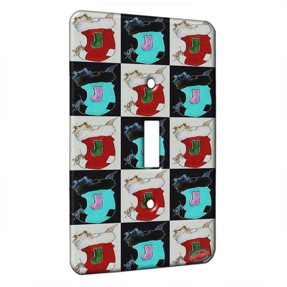 KuzmarK™ Single Gang Toggle Switch Wall Plate - Maine Coon Kitty and Mouse JOY Set Christmas Stocking Cat Pattern Art by Denise Every