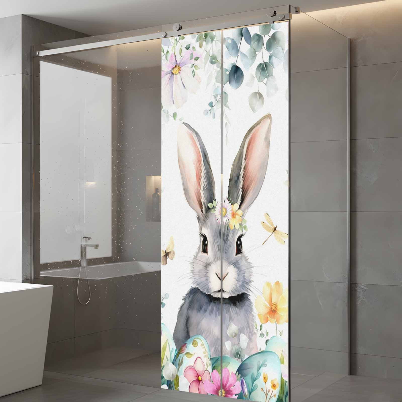 Easter Window Privacy Film, Watercolors Rabbits Flowers Eucalyptus Leaves Plants Frosted Glass Window Clings Static Cling UV Heat Blocking Reusable Door Sticker for Bathroom 23.6 x 59 Inch