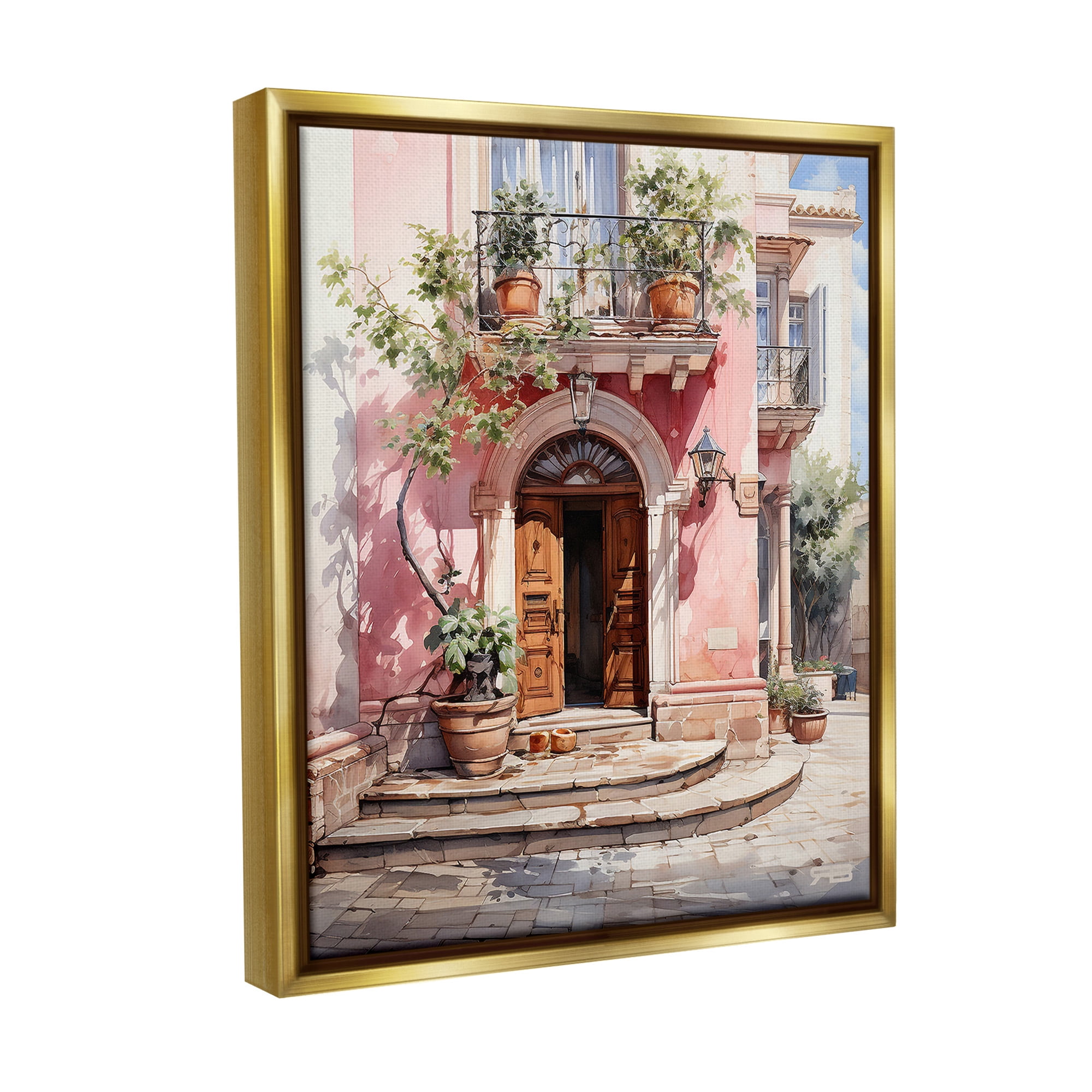 Stupell Industries European Building Doorway Travel & Places Painting Gold Floater Framed Canvas Art Print Wall Art, 25 x 31