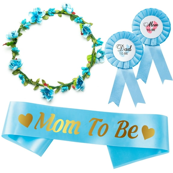 Blue and Gold Mommy to Be Sash Kit Gender Reveals Party Floral Garland Crown with Daddy to Be Tinplate Badge Combo Decor Supplies Favors for Boys Baby Shower Party Photo Prop Gift