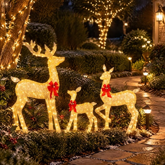 3-Piece Pre-Lit Christmas Reindeer Family Outdoor Decor, 11.8" Lighted Gold Reindeer with Red Bows, Holiday Decorations for Garden, Lawn and Front Porch