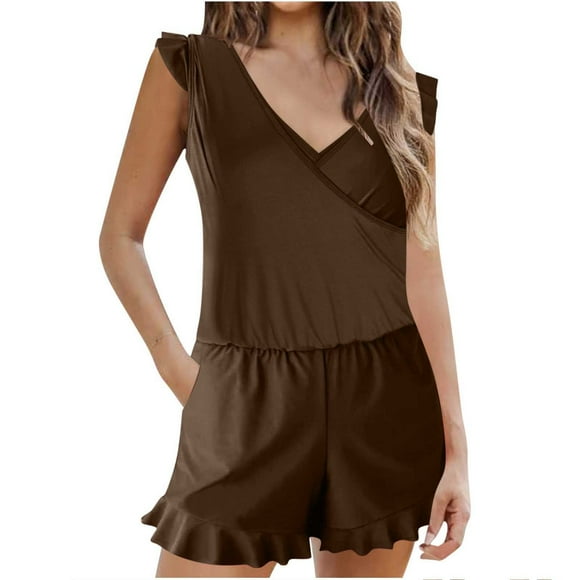 Ersazi Women One Piece Swimsuits Women's Solid Color Built-In Bra Shorts Flat Angle Wooden Ear Pockets Shorts Swimsuit In Clearance Women Swimsuits One Piece Coffee M