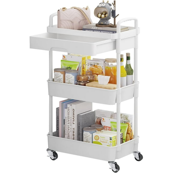 3-Tier Rolling Utility Cart with Drawer,Multifunctional Storage Organizer with Shelf & Wheels,Storage Cart for Kitchen,Bathroom, Room,Office,White