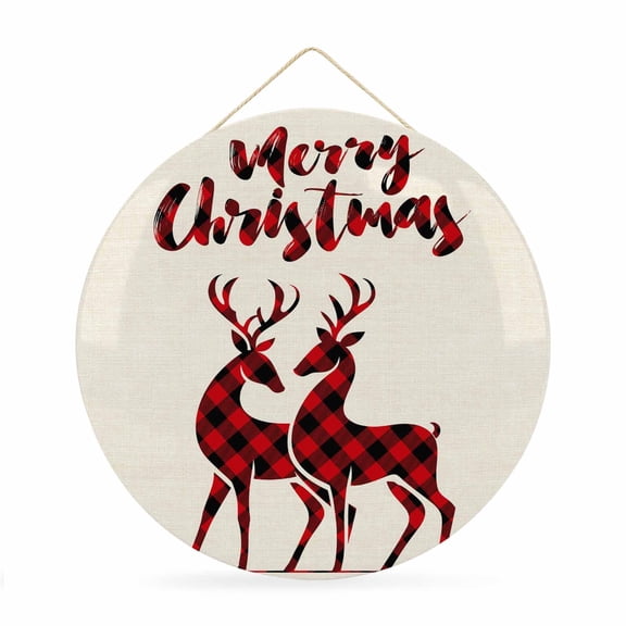Welcome Sign for Front Door, Merry Christmas Round Metal Wall Art Wreaths, Beige Xmas Elk Seasonal Winter Holiday Outdoor Indoor Wall Hanging Sign for Porch Decor Housewarming Gifts 11.8 Inch