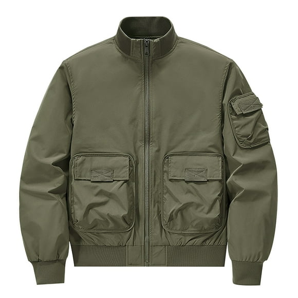 RXIRUCGD Men's Solid Color Pocket Loose Motorcycle Outdoor Flight Suit Plus Size Workwear Jacket, Army Green, Size: 3XL