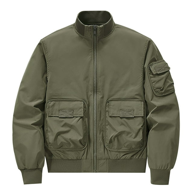 RXIRUCGD Men's Solid Color Pocket Loose Motorcycle Outdoor Flight Suit Plus Size Workwear Jacket, Army Green, Size: 4XL