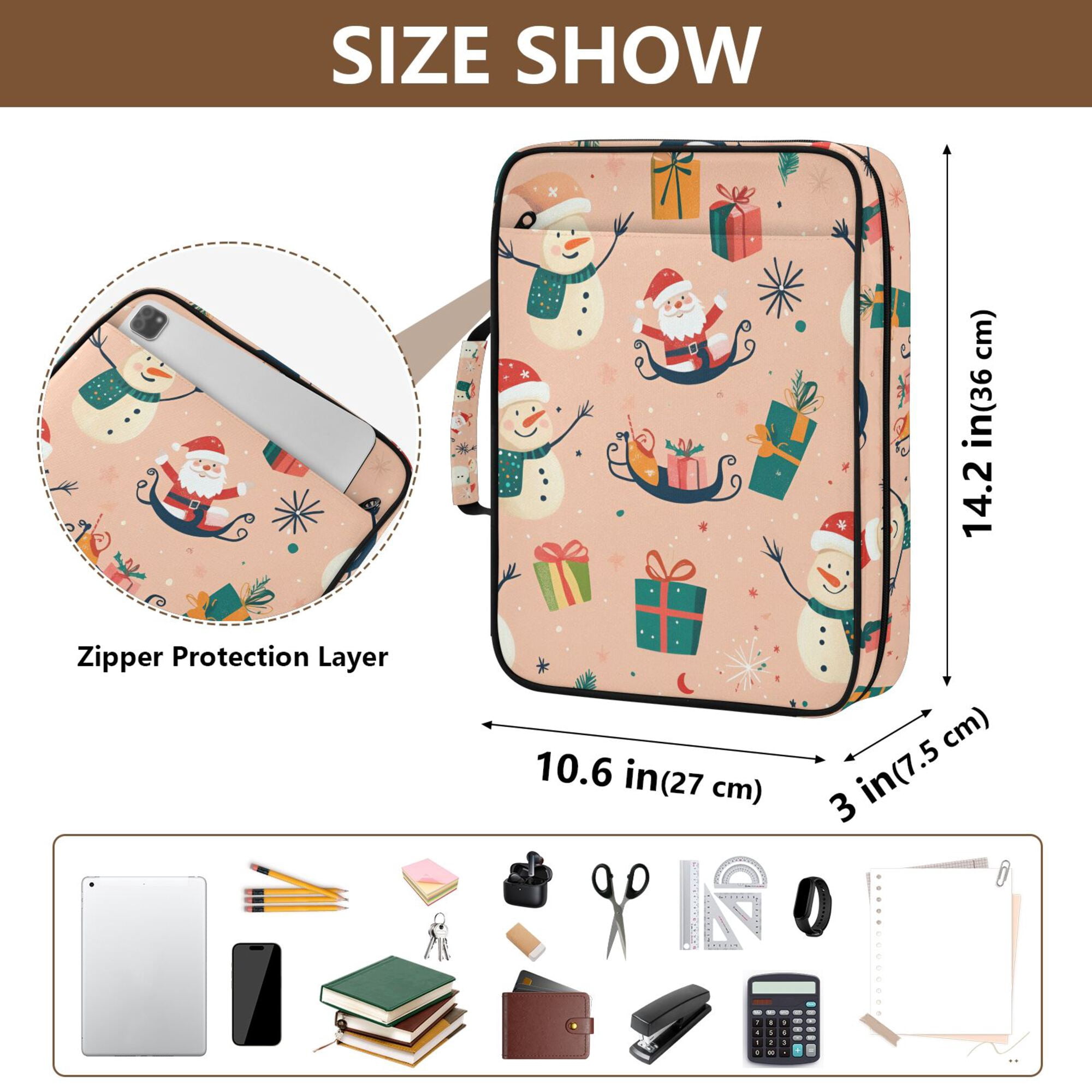 FORMRS Accordion File Folder A4 Size 7-Pocket Expanding Document Organizer Bag with 3 Ring Binder, Beige Christmas Snowman