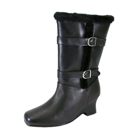 

PEERAGE Rihanna Women Extra Wide Width Fleece Lined Leather Boots with Side Zipper/Decorative Buckles BLACK 5