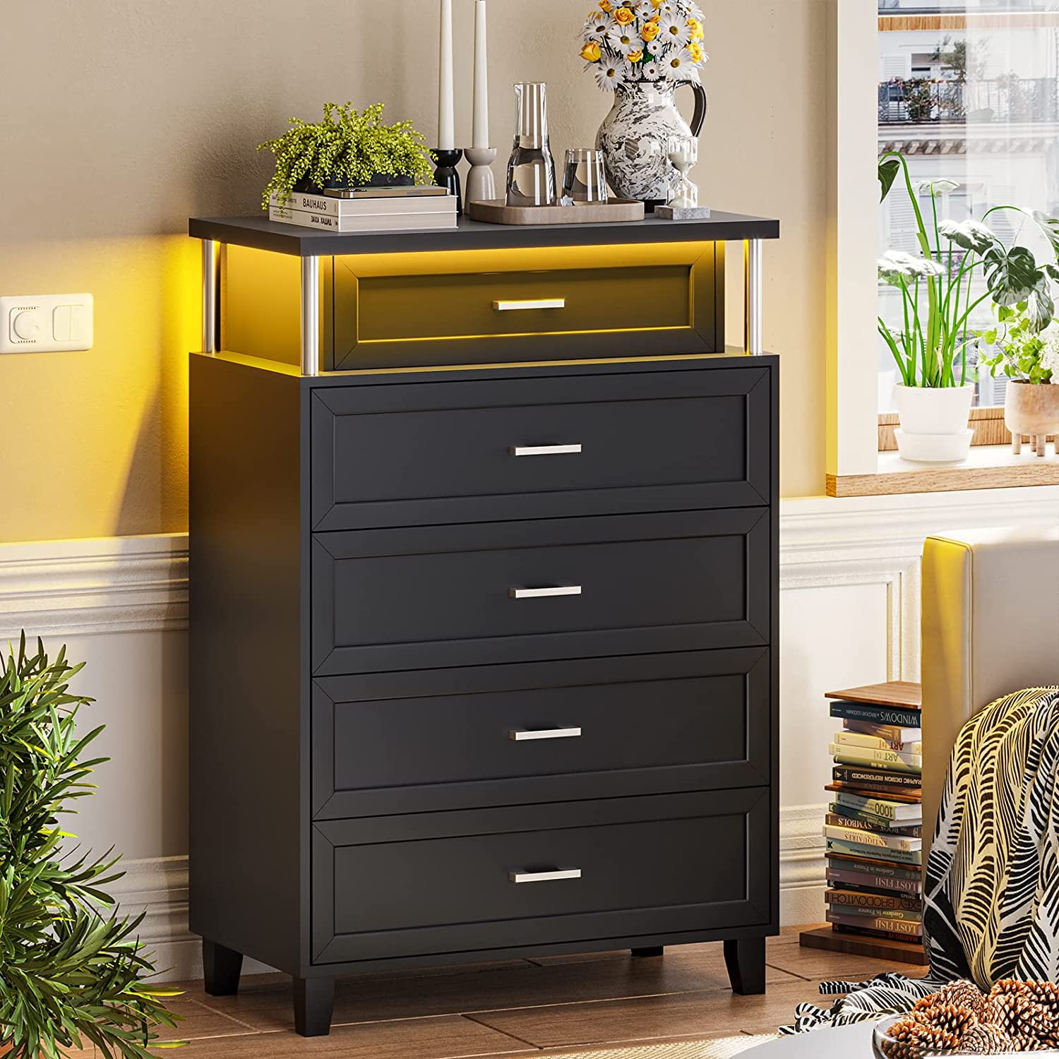 VIAGDO 5 Drawers Dresser with LED Light, Tall Wood Dresser for Bedroom